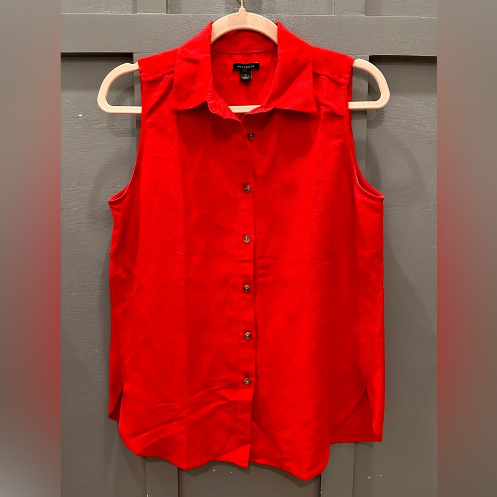 Ann Taylor Vibrant Red Sleeveless Button-Down Shirt